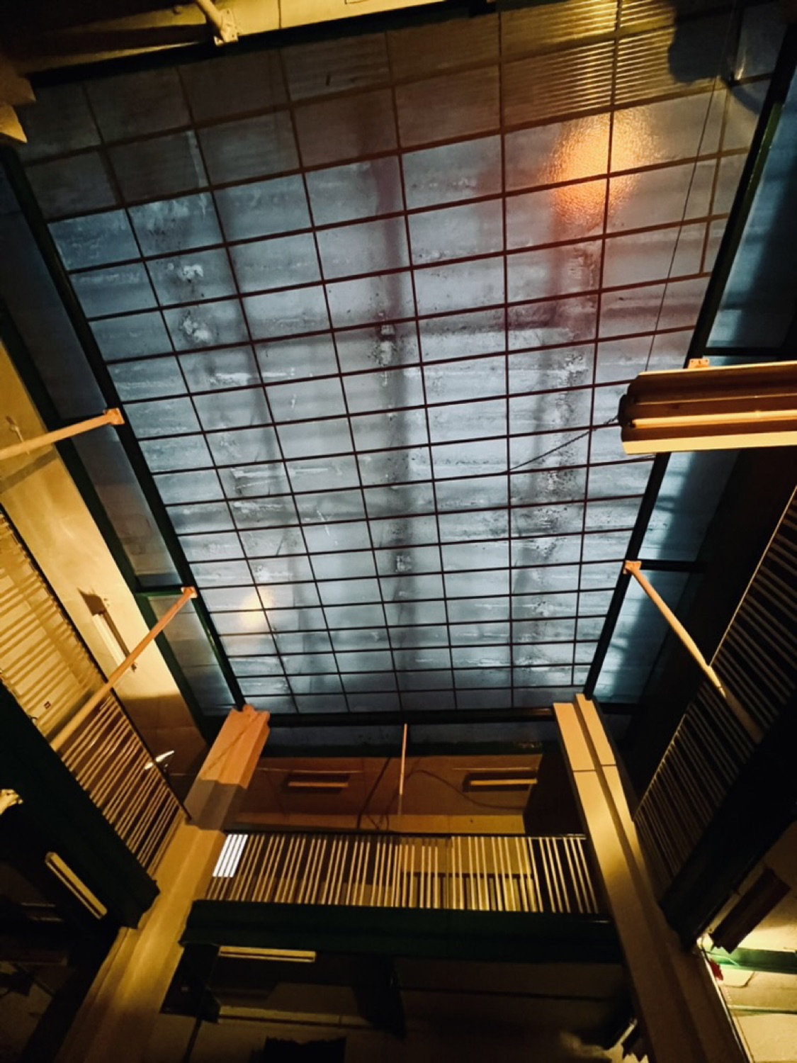 Het glazen dak van het Atrium van onderaf gezien, met een raster van stalen profielen